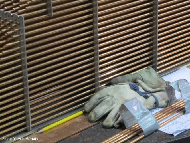 A workman's gloves at the Vendome Copper and Brass Works in Louisville, Kentucky, USA.