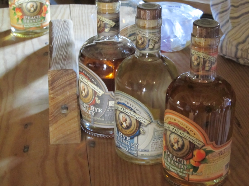 Bottles of brandy and whiskey distilled at the George Washington Distillery at Mount Vernon in Virginia, near Washington DC.