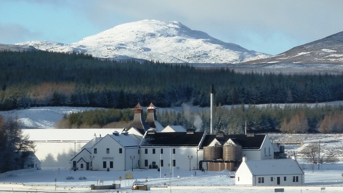 The Dalwhinnie Distillery in Scotland in winter