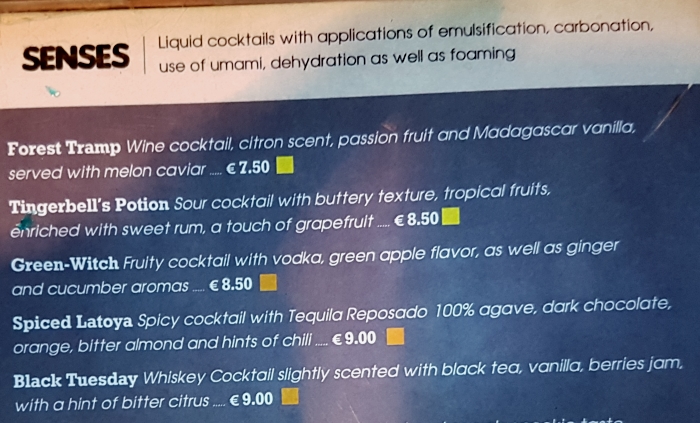Part of the cocktail menu at the MoMix Bar Kerameikos in Athens