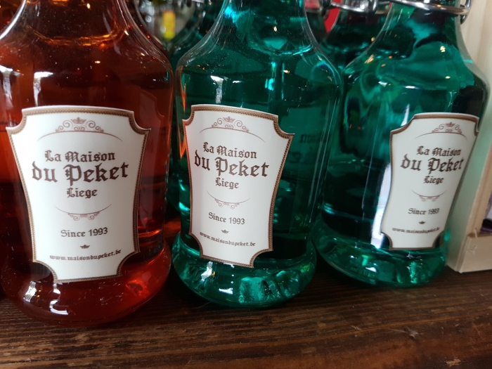Bottles of Peket at The Maison du Peket Restaurant, also known as the Amon Nanesse Restaurant, in Liege, Belgium