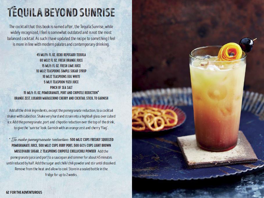 Tequila Beyond Sunrise cocktail recipe from the tequila and mezcal cocktail recipes book, Tequila Beyond Sunrise, by Jesse Estes