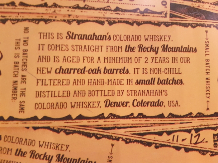 A label at Stranahan's Whiskey Distillery in Denver, Colorado