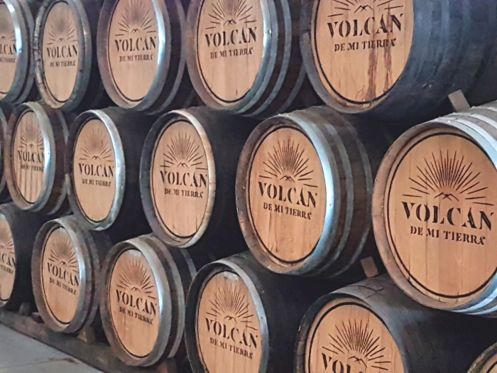 Tequila barrels at the Volcan de mi Tierra tequila distillery in Jalisco, Mexico