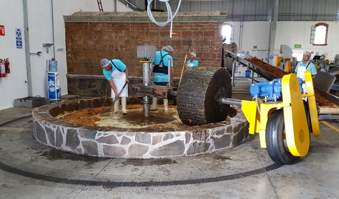 The traditional tahona maceration process at the Volcan de mi Tierra tequila distillery in Jalsico in Mexico