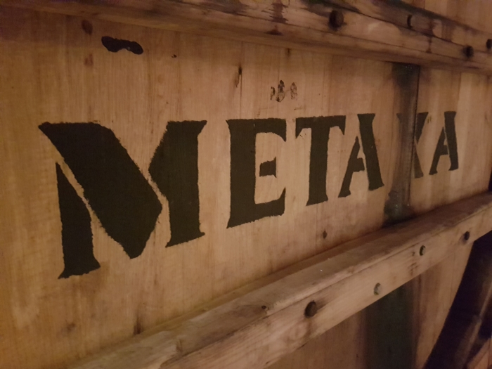 A barrel in the cellar at the House of Metaxa distillery in Athens, Greece