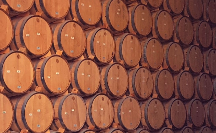 Barrels at the Espolon tequila distillery in Jalisco, Mexico