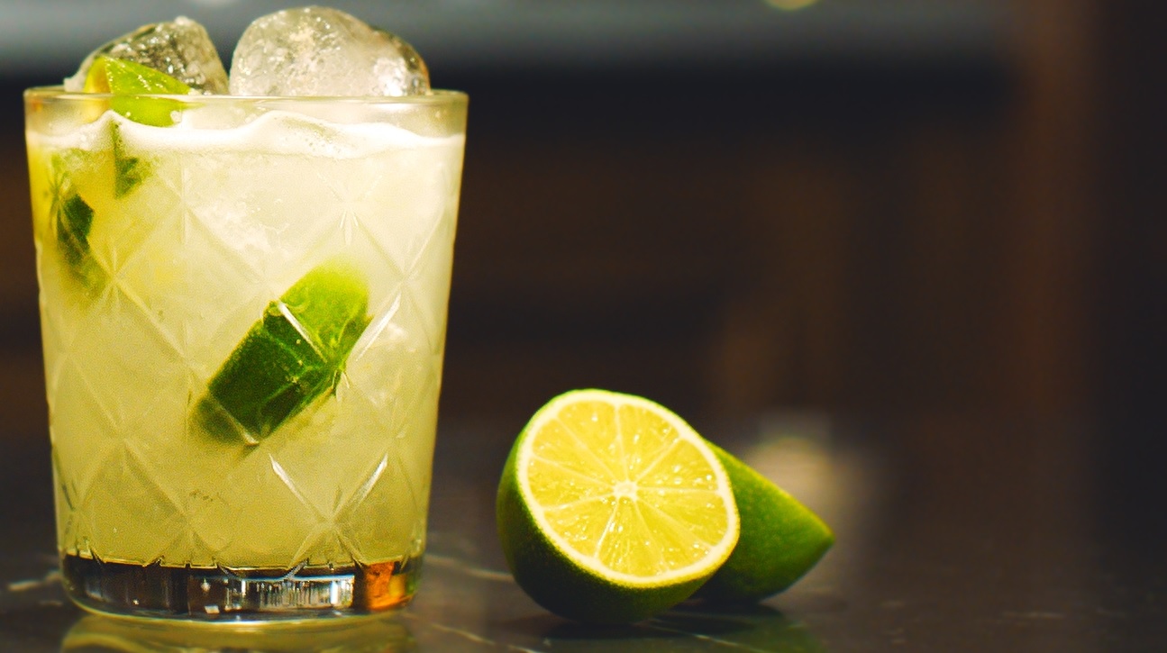 A Caipirinha cocktail made with Abelha Organic Cachaca from Brazil