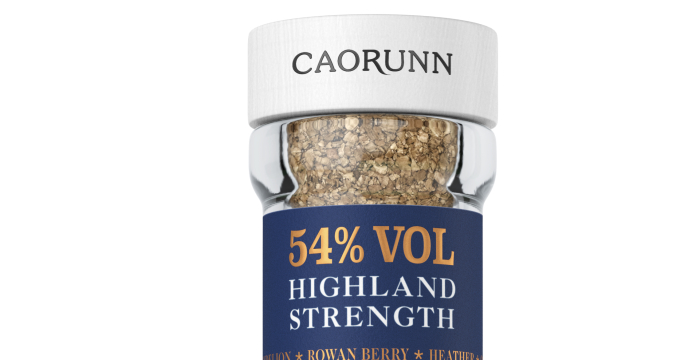 Detail from the neck of a bottle of Caorunn Highland Strength Gin