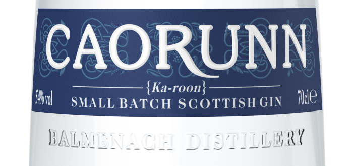 Detail from a bottle of Caorunn Highland Strength Gin