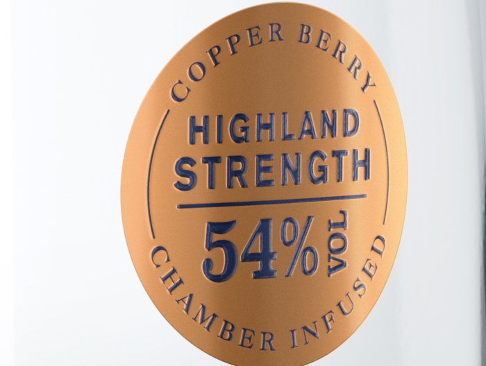 Detail from a bottle of Caorunn Highland Strength Gin