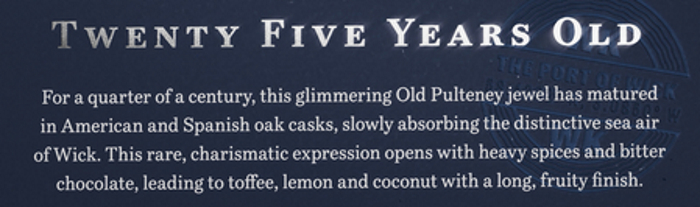 Detail from a gift box of Old Pulteney 25-year-old Scottish whisky