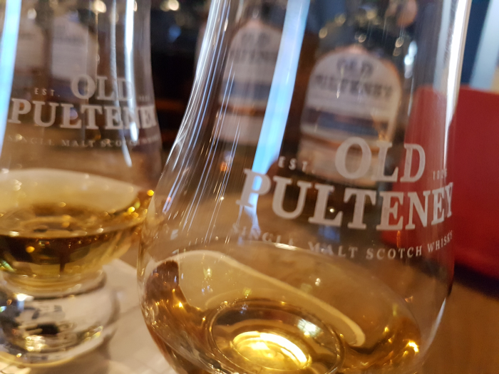 Tasting glasses of Old Pulteney Scottish whisky