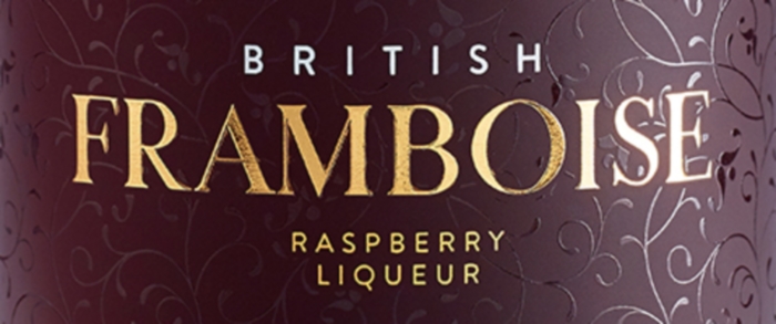 Detail from the label of A bottle of British Framboise raspberry liqueur