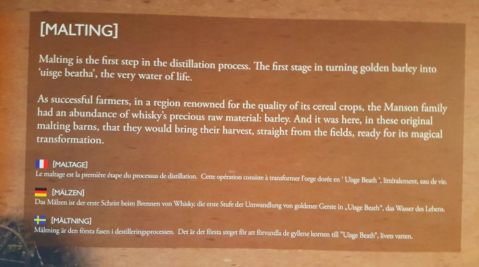 A sign explaining the malting process at the Glen Garioch distillery in Aberdeenshire in Scotland