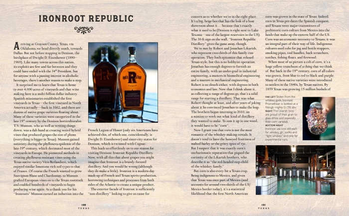 The Ironroot Republic distillery in Texas, a sample spread from The Curious Bartender's Whiskey Road Trip book
