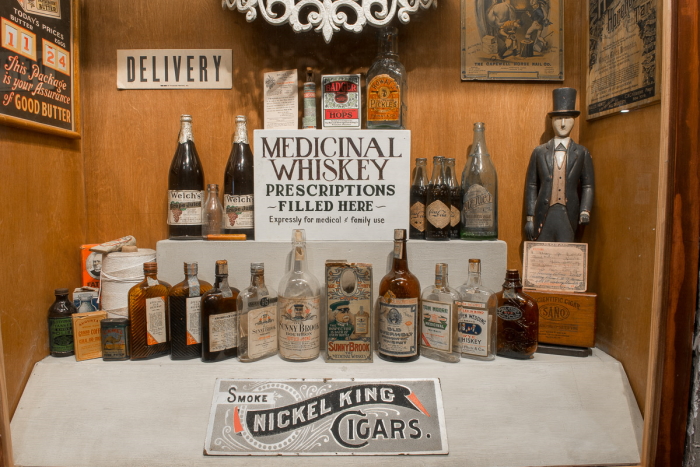 Display of medicinal whiskies in the American Prohibition Museum in Savannah, Georgia.