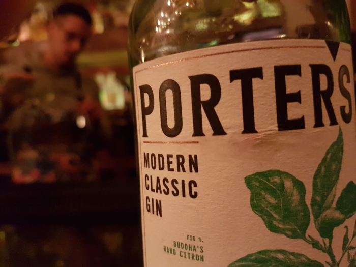Porter's Gin bottle label in the Orchid Bar in Aberdeen, Scotland, The Distillery without a Still.
