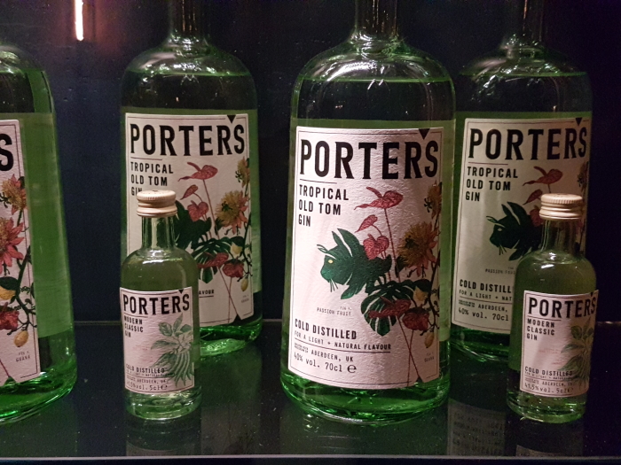 Porter's Gin bottles in the Orchid Bar in Aberdeen, Scotland, The Distillery without a Still.
