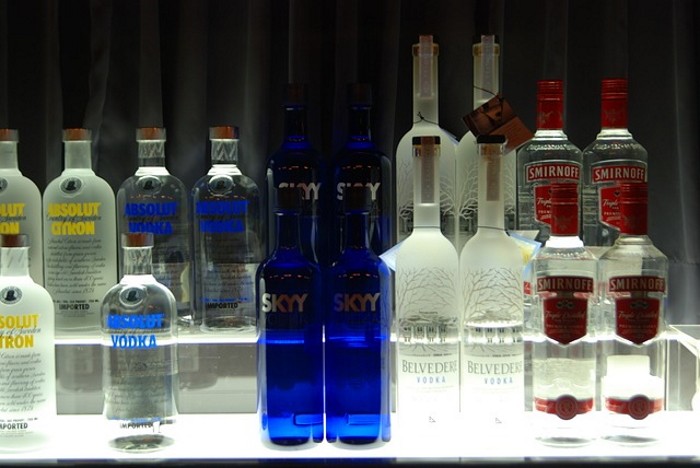 Bottles of various vodkas for a vodka tasting