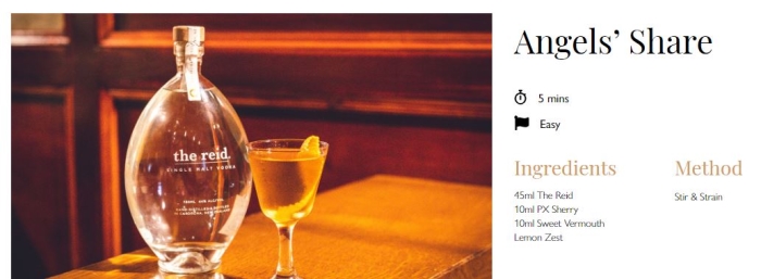The reid single malt vodka from New Zealand with an Angel's Share vodka cocktail