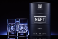 NEFT Vodka barrel and two shot glasses