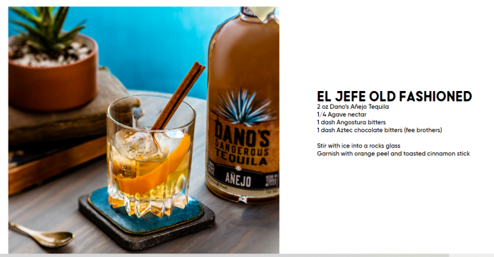 Dano's Dangerous tequila anejo El Jefe Old Fashioned Cocktail with recipe