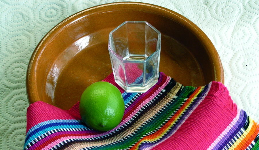 A tequila glass and a lime