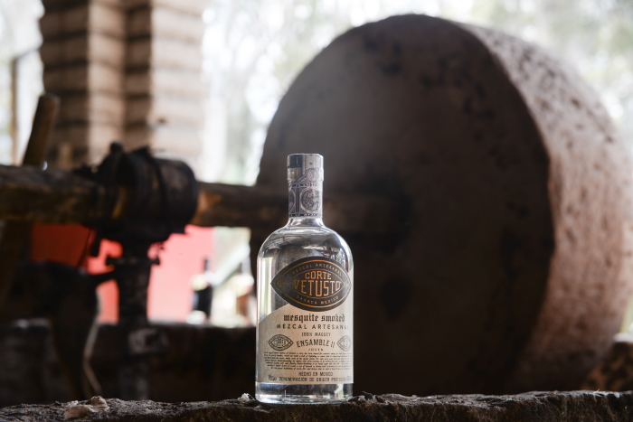 Corte Vetusto Ensamble II mezcal bottle with Tahona wheel