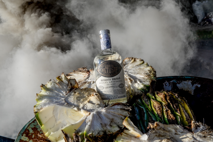Corte Vetusto Ensamble II mezcal bottle with smoking agave