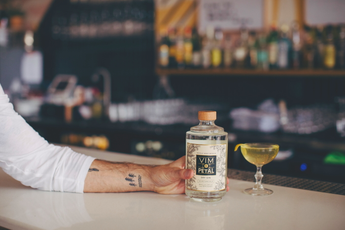Vim and Petal Dry Gin bottle and cocktail