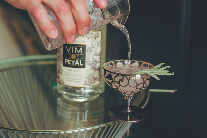Vim and Petal Dry Gin bottle and cocktail