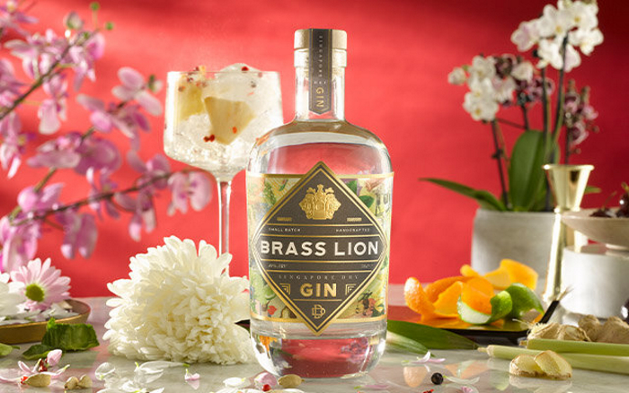 Brass Lion Singapore Dry Gin Bottle and Cocktail