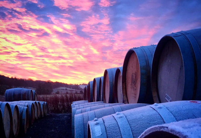 Lindores Abbey Distillery casks at sunset
