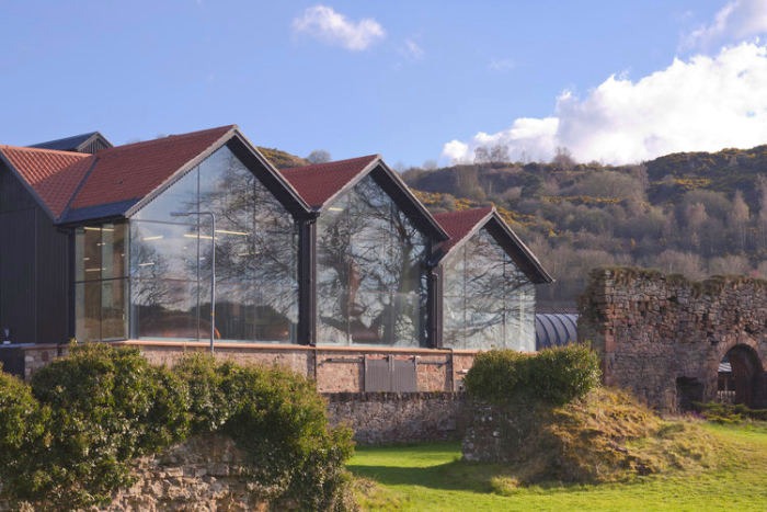 The Lindores Abbey Distillery as seen from the ruins of Lindores Abbey