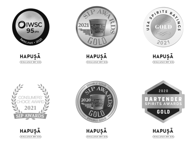 Some of the awards won by Hapusa Himalayan Dry Gin from India