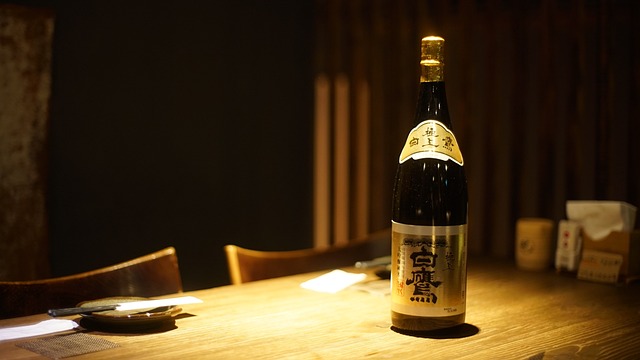 A bottle of sake on a table