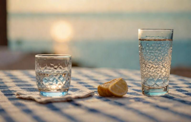 A glass of anis-flavored Greek ouzo with a glass of water for diluting it