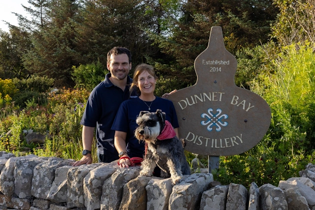 Dunnet Bay Distillery Founders and Dog